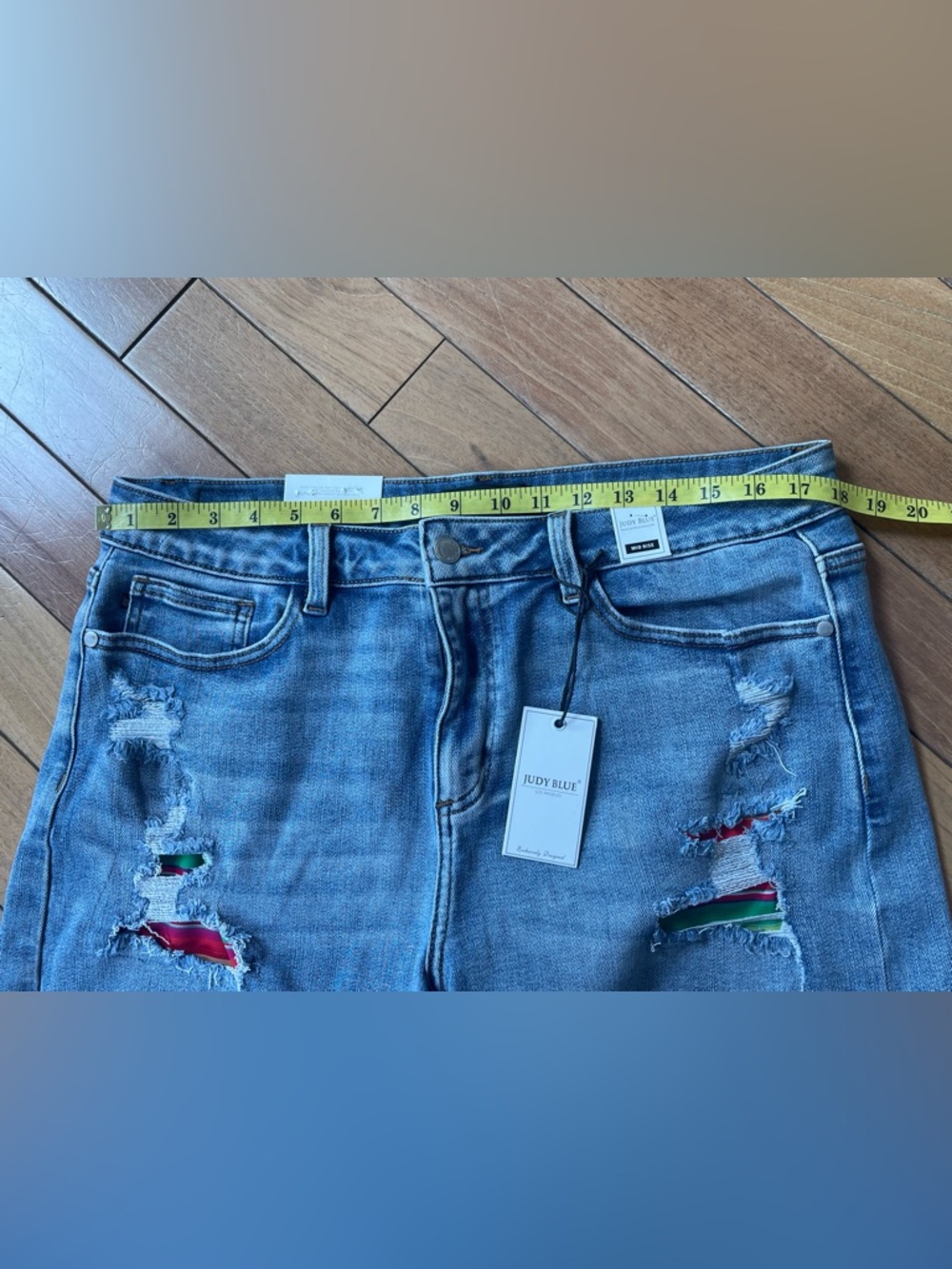 Judy Blue Plus Sz 2XL Serape Patch Distressed Denim Shorts Mid Rise Raw Hem NWT - Picture 10 of 14